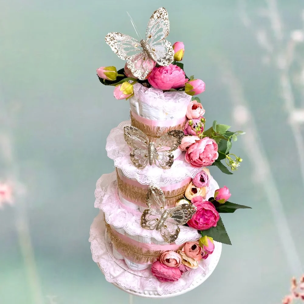 Butterfly Diaper Cake, Peonies Diaper Cake